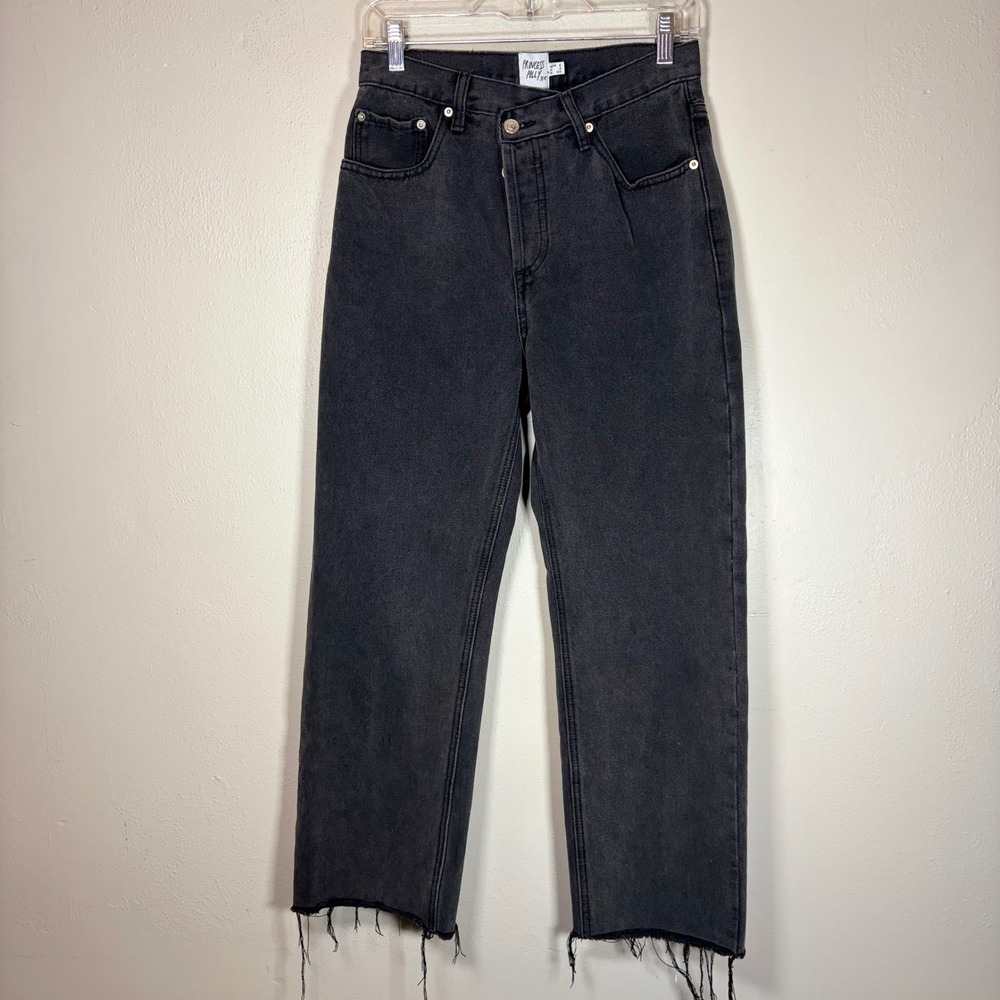 Princess Polly Crossover Waist Straight Leg Jeans Washed Black Raw Hem US 2